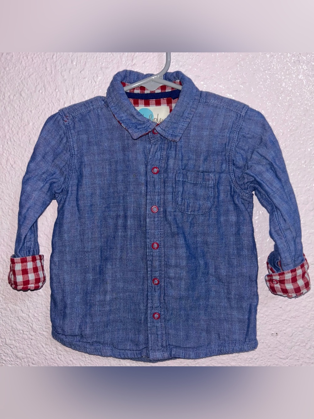 Baby Boden Blue Shirt with Red Gingham Lining